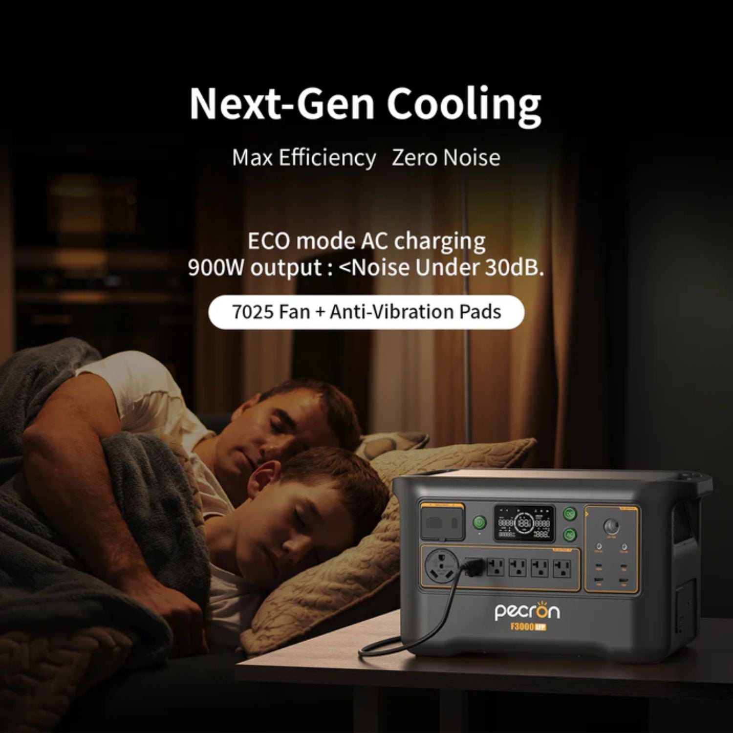 Pecron F3000LFP Portable Power Station with cooling system for home use, showing a family in bed.