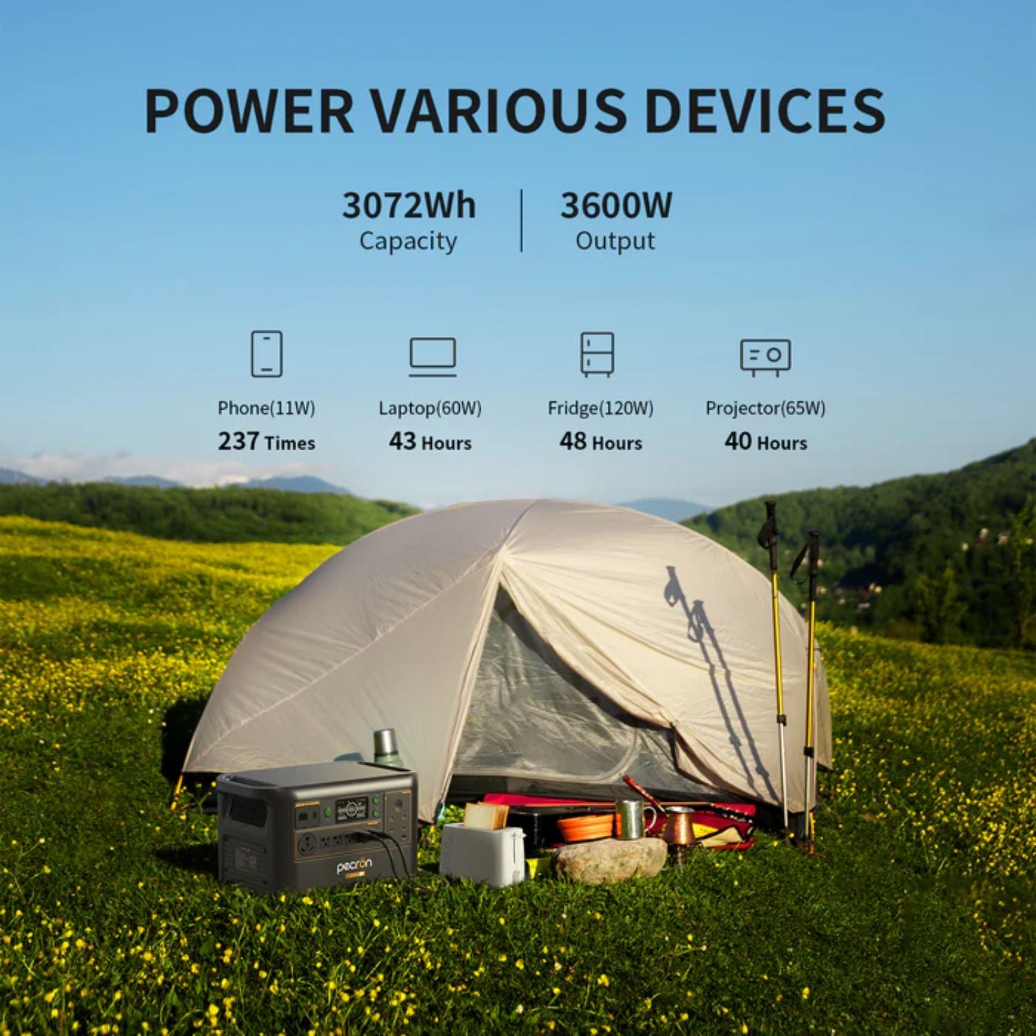 Pecron F3000LFP Portable Power Station with tent and camping gear in a scenic outdoor setting