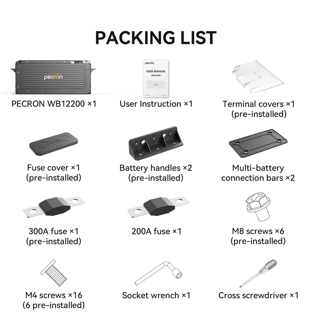 Pecron WB12200 Lithium 12V 200Ah Deep Cycle LiFePO4 Battery package included