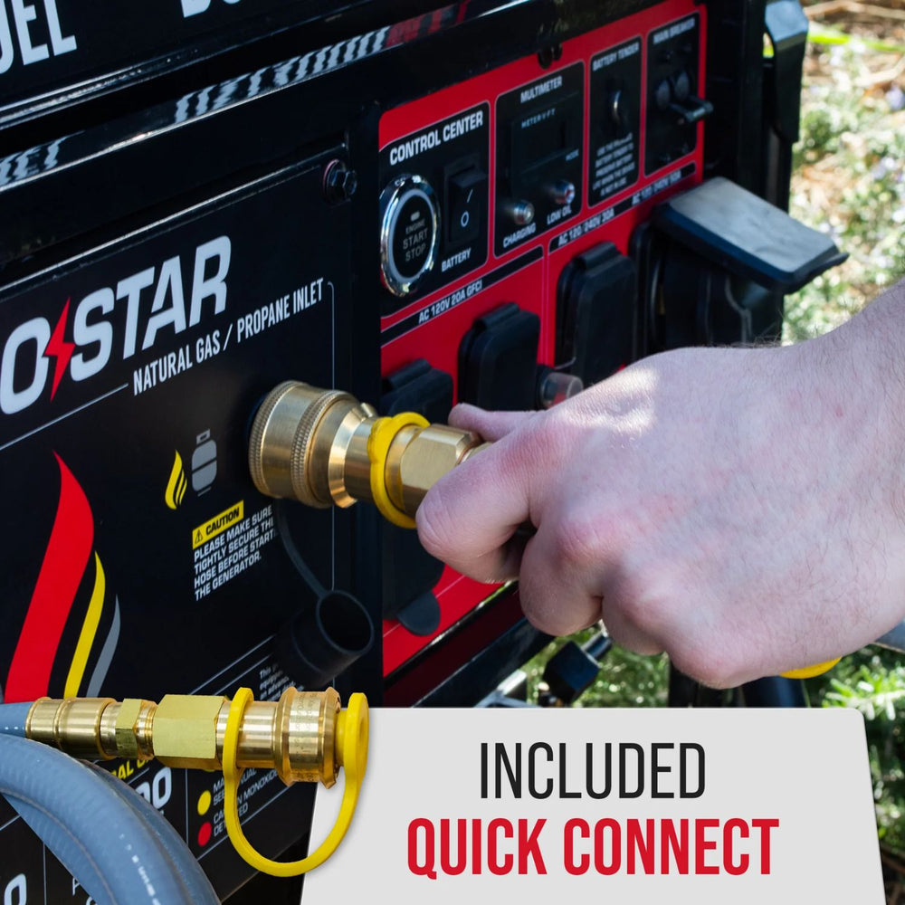 Person connecting a hose to a DuroStar DS13000MXT Tri-Fuel Generator 