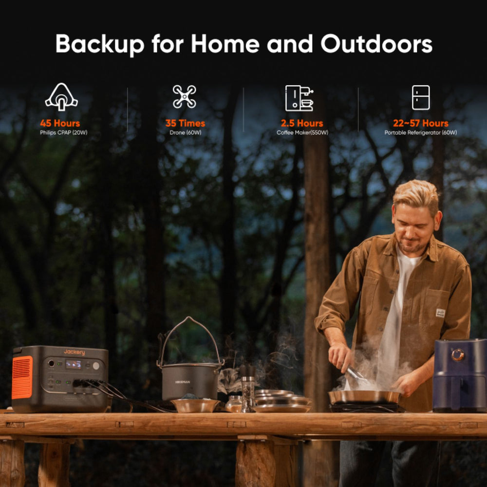 Person cooking outdoors with a Jackery Explorer 1500 v2 Portable Power Station, camping stove, and cookware.
