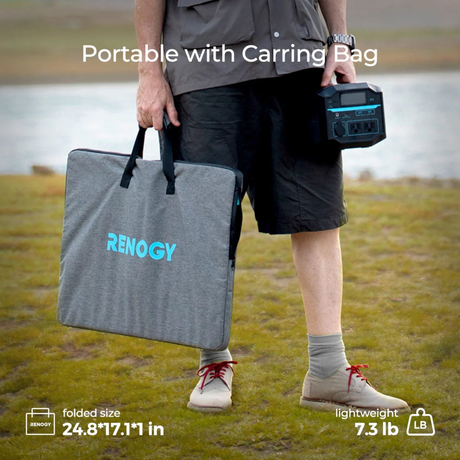 Person holding a Renogy E.FLEX 80W Portable Solar Panel and carrying bag with 'RENOGY' branding outdoors.