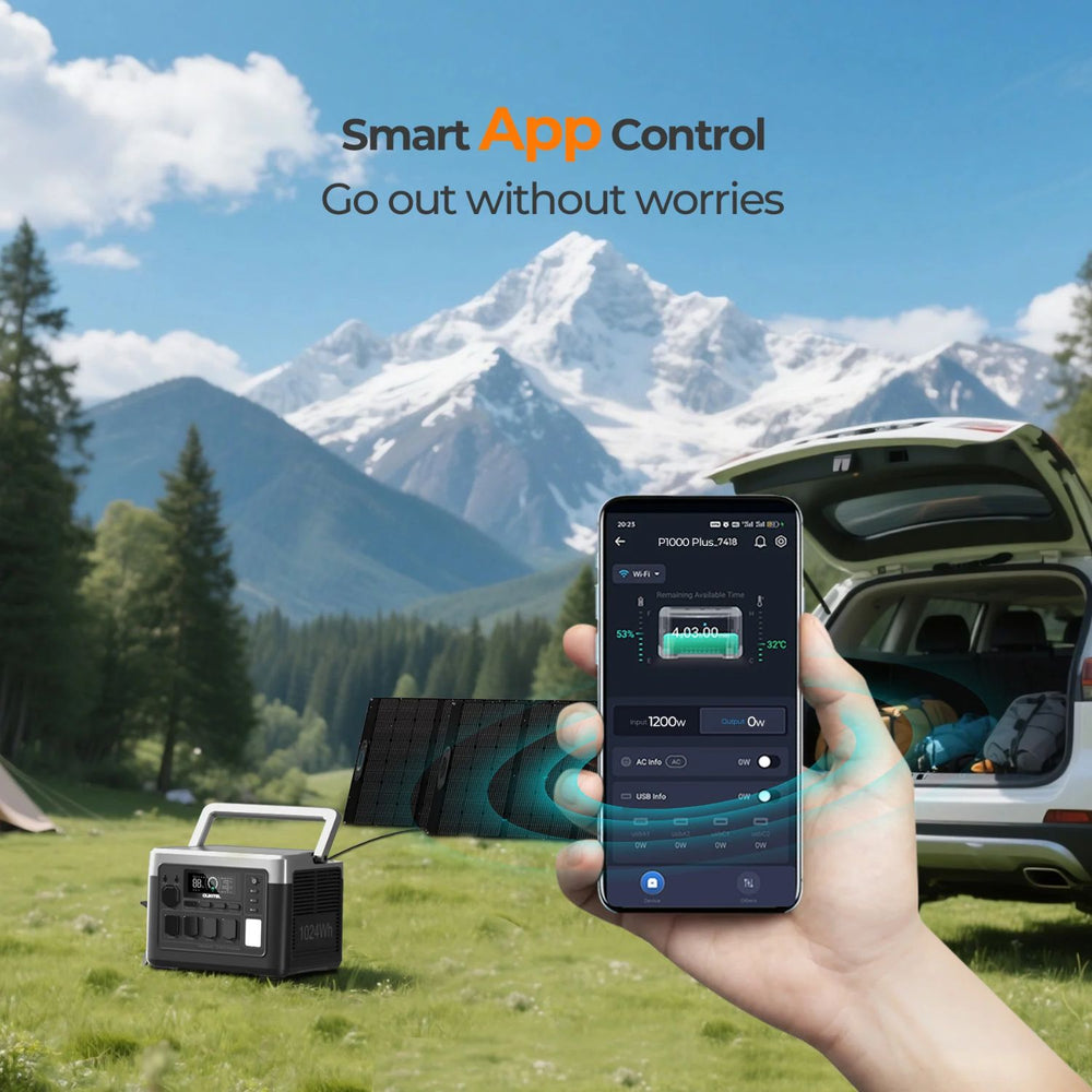 Person holding a smartphone with app control over a OUKITEL P1000 PLUS Portable Power Station  in a scenic outdoor setting.