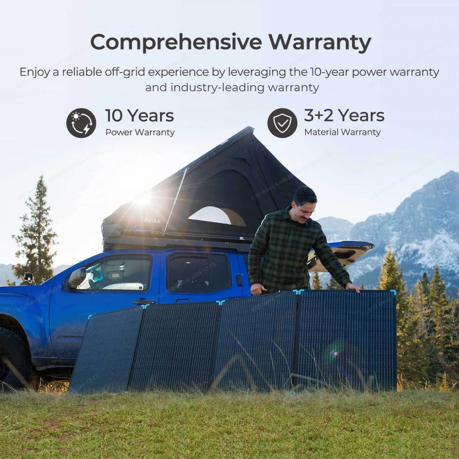 Person setting up Renogy Solar Suitcase Kit 400W Lightweight Portable RV Kit next to a blue truck with mountains in the background, emphasizing a comprehensive warranty.