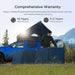 Person setting up Renogy Solar Suitcase Kit 400W Lightweight Portable RV Kit next to a blue truck with mountains in the background, emphasizing a comprehensive warranty.