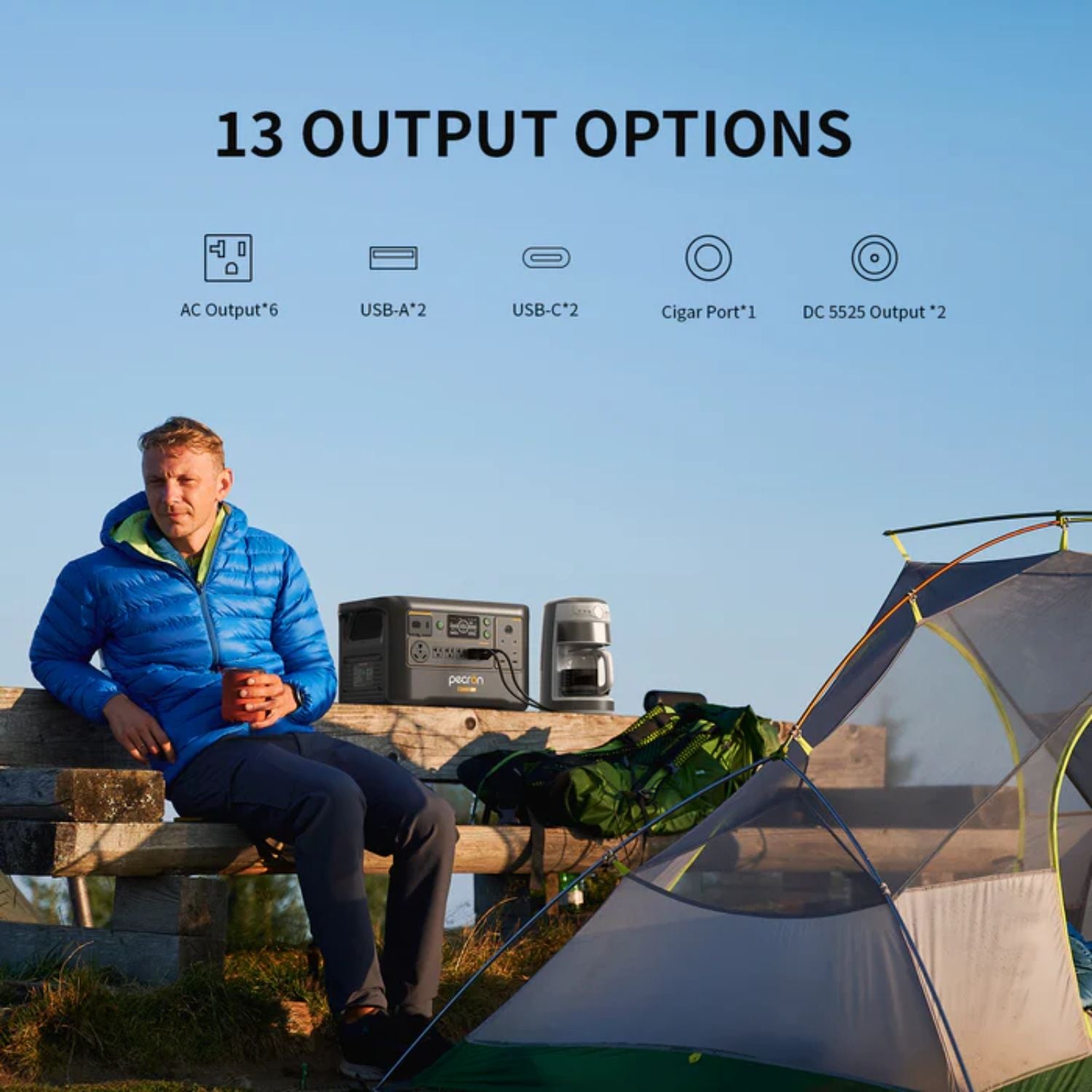 Person sitting by a camping setup with a clear blue sky, featuring Pecron F3000LFP Portable Power Station