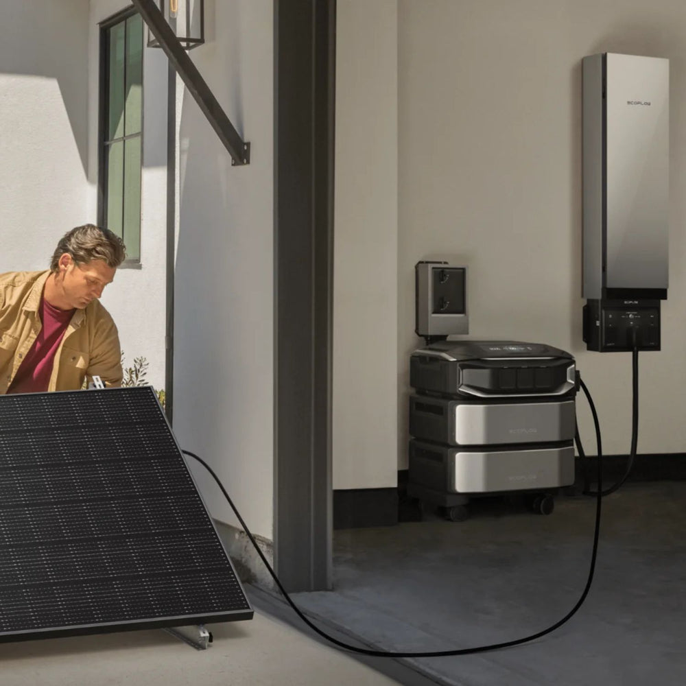 A person standing next to an EcoFlow Delta Pro Ultra power station and solar panels, demonstrating its use for whole-home backup in a modern living space.