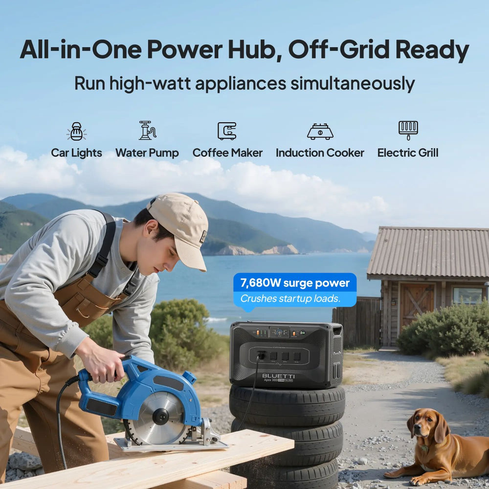 Person using a BLUETTI Apex 300 Versatile Power Station with an All-in-One Power Hub in a scenic outdoor setting.
