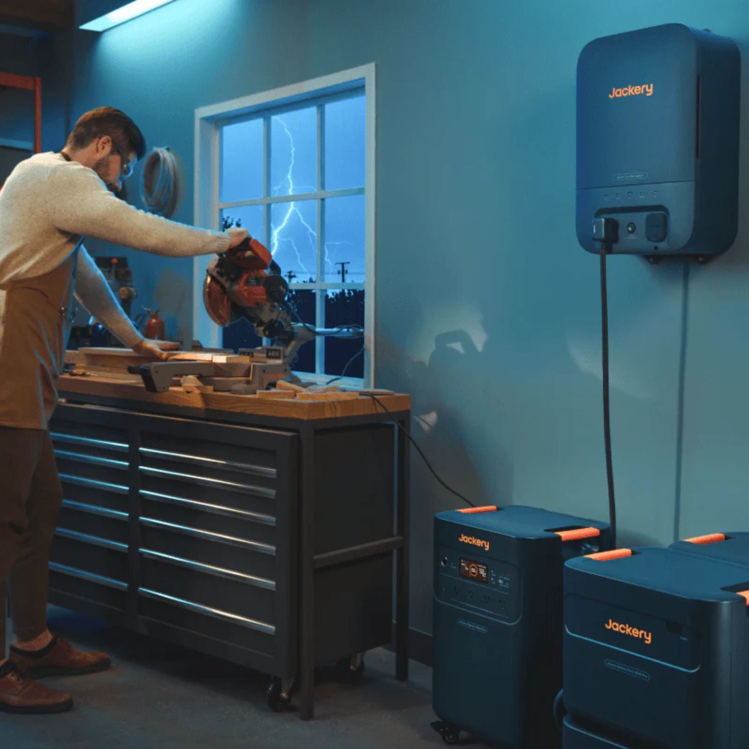Person using a circular saw in a workshop with Jackery Smart Transfer Switch and a a power station