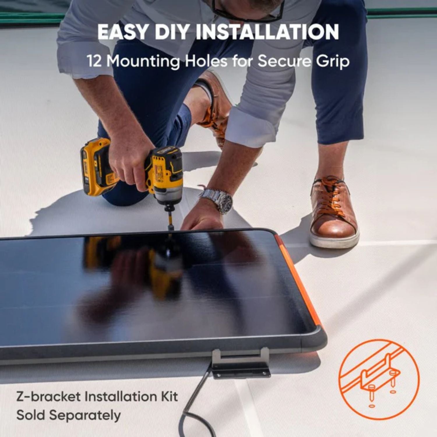 Person using a drill to install a Jackery 100W Prime Solar Panel on a surface with text about easy DIY installation.
