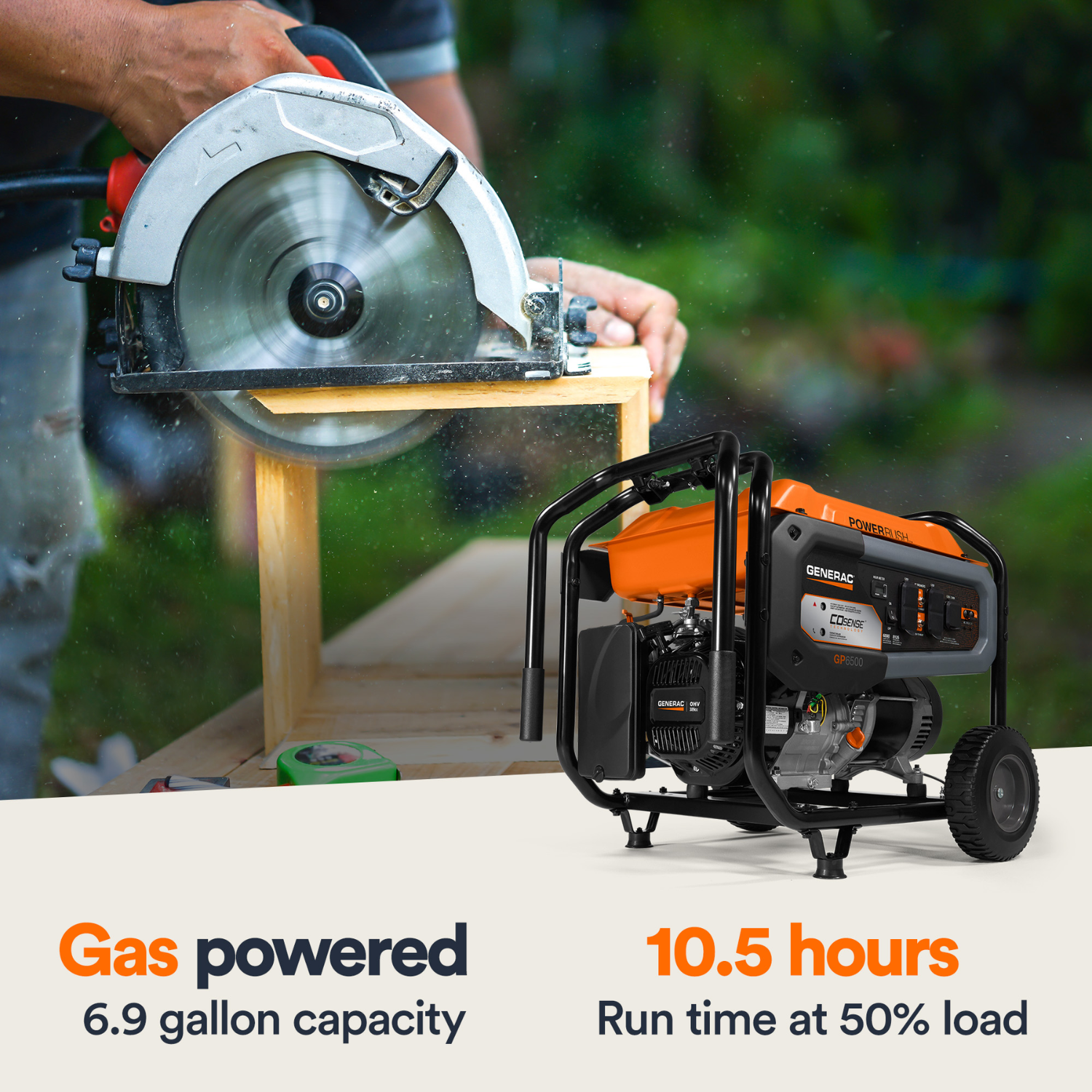 Person using a gas-powered circular saw with a Generac GP6500 Pull Start Portable Generator in the background