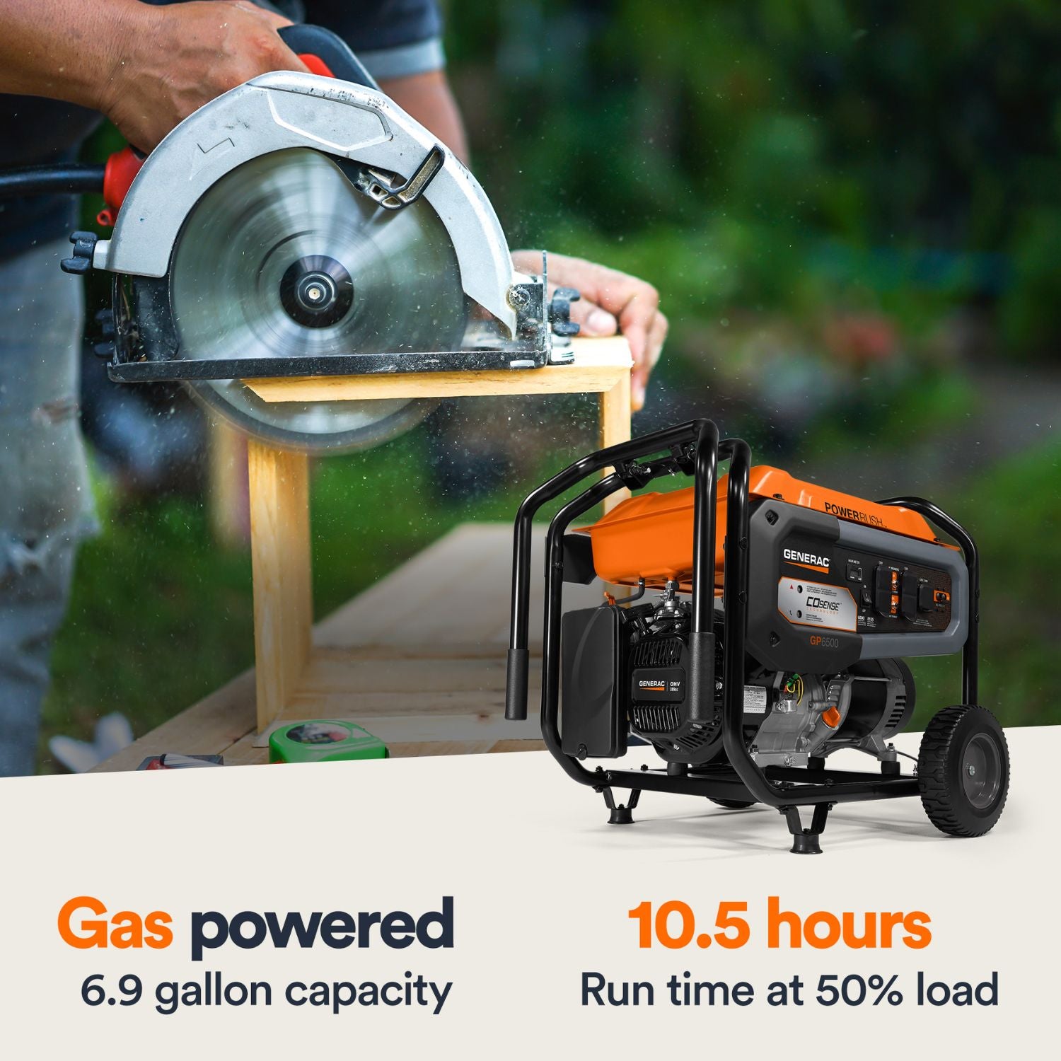 Person using a gas-powered circular saw with a generator in the background