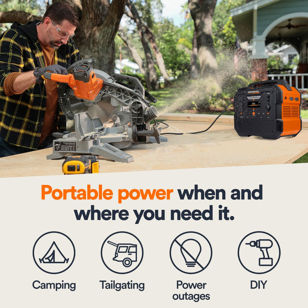 Person using a power tool with a Generac GB2000 Portable Power Station 