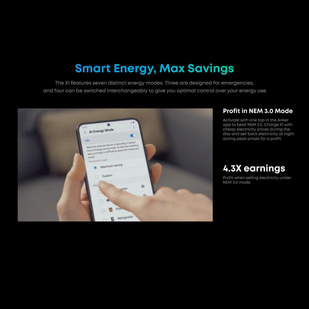Person using a smartphone app with text about smart energy and savings in Anker SOLIX X1 Home Energy Storage System
