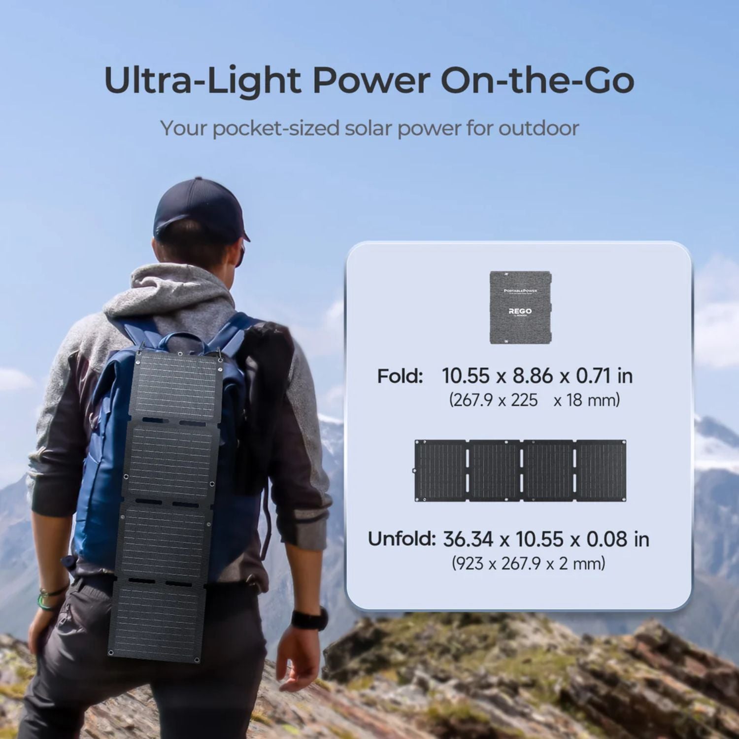Person with a Renogy E.FLEX-SE 30W PRO Portable Solar Panel  backpack in a mountainous area, with text about ultra-light power on-the-go.