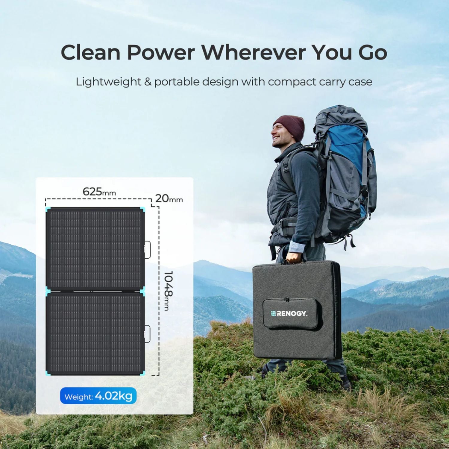 Person with a backpack holding a Renogy Solar Suitcase N-Type 100W Lightweight Portable Solar Panel with mountains in the background