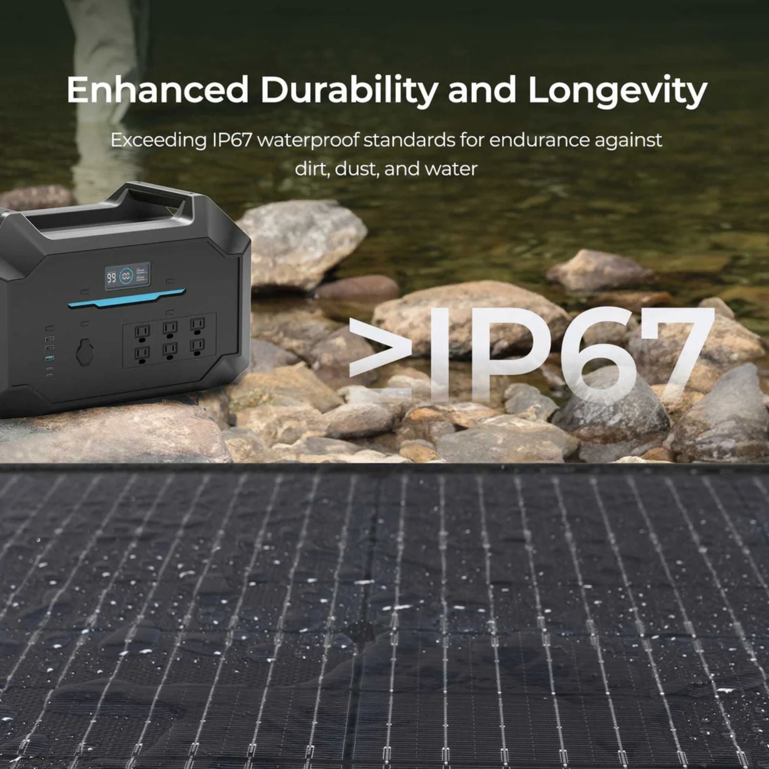 Portable power station with Renogy Solar Suitcase Kit 400W Lightweight Portable RV Kit on a rocky shore, emphasizing durability and IP67 waterproof rating.
