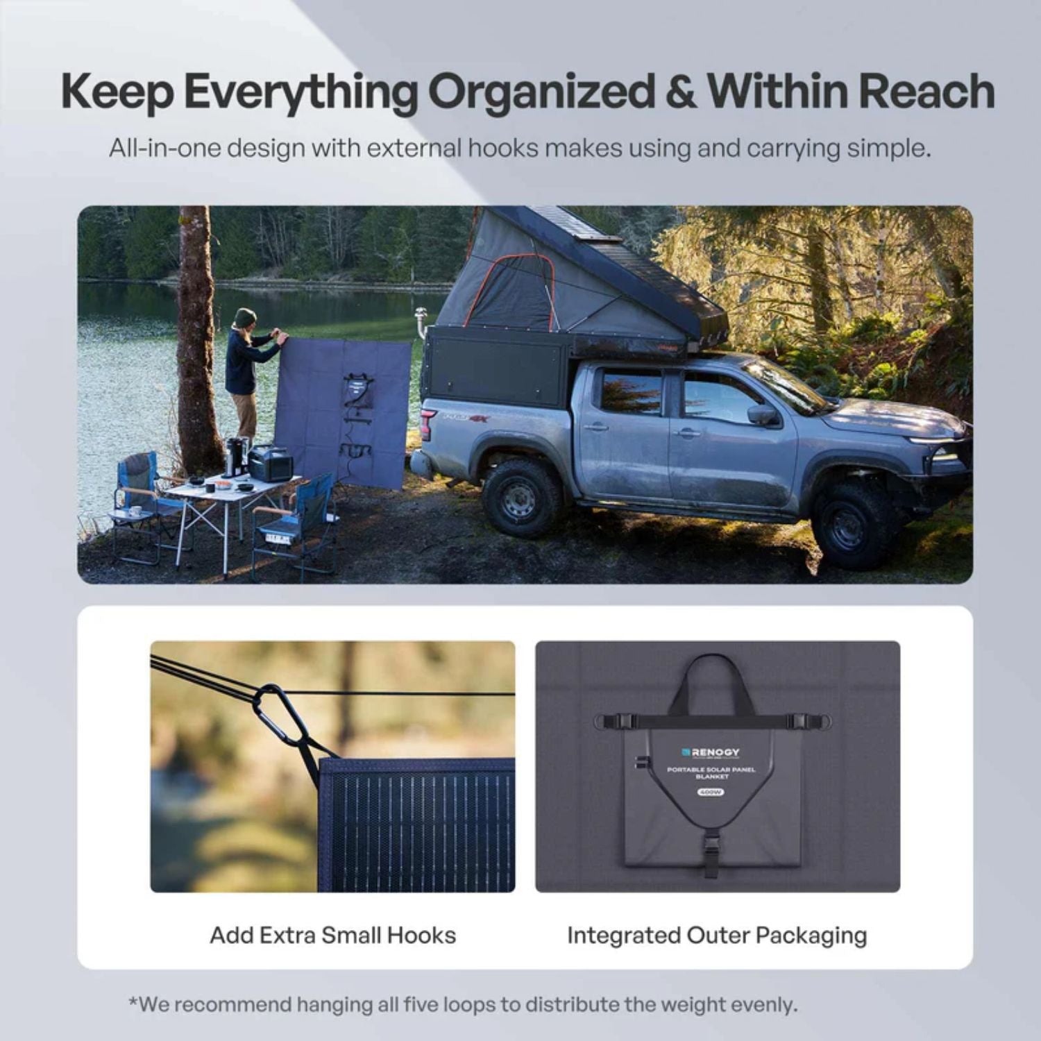 Product advertisement for a camping setup with a truck, tent, and outdoor furniture with Renogy Solar Blanket 400W 200W Portable Solar Panel