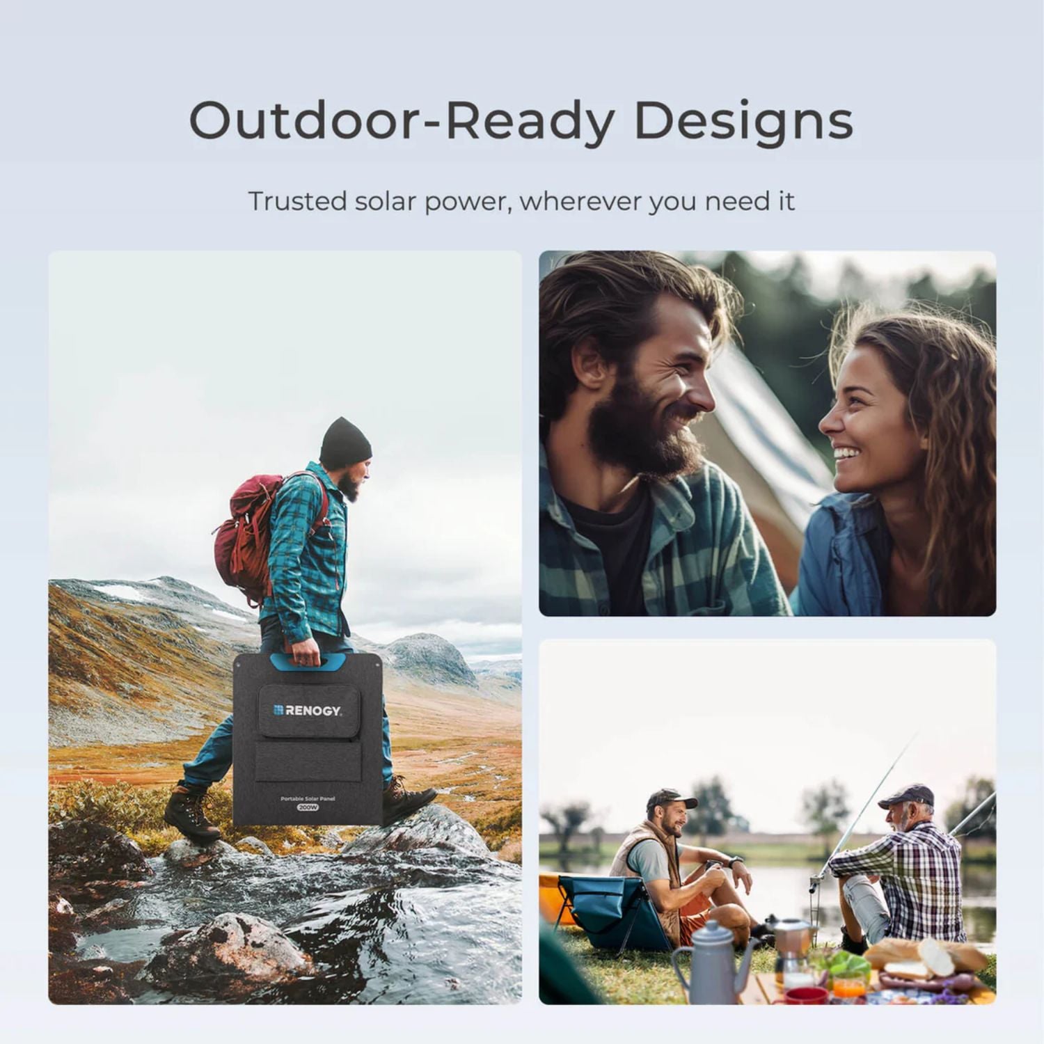 Promotional image for outdoor Renogy E.FLEX 200W Portable Solar Panel with people in various settings.
