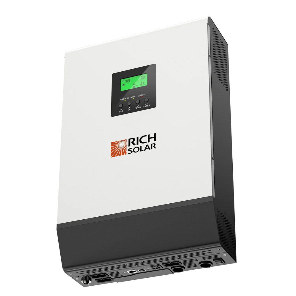 RICH SOLAR Hybrid Off Grid Inverter 2400W 24V 120A Output Front Styled Side View