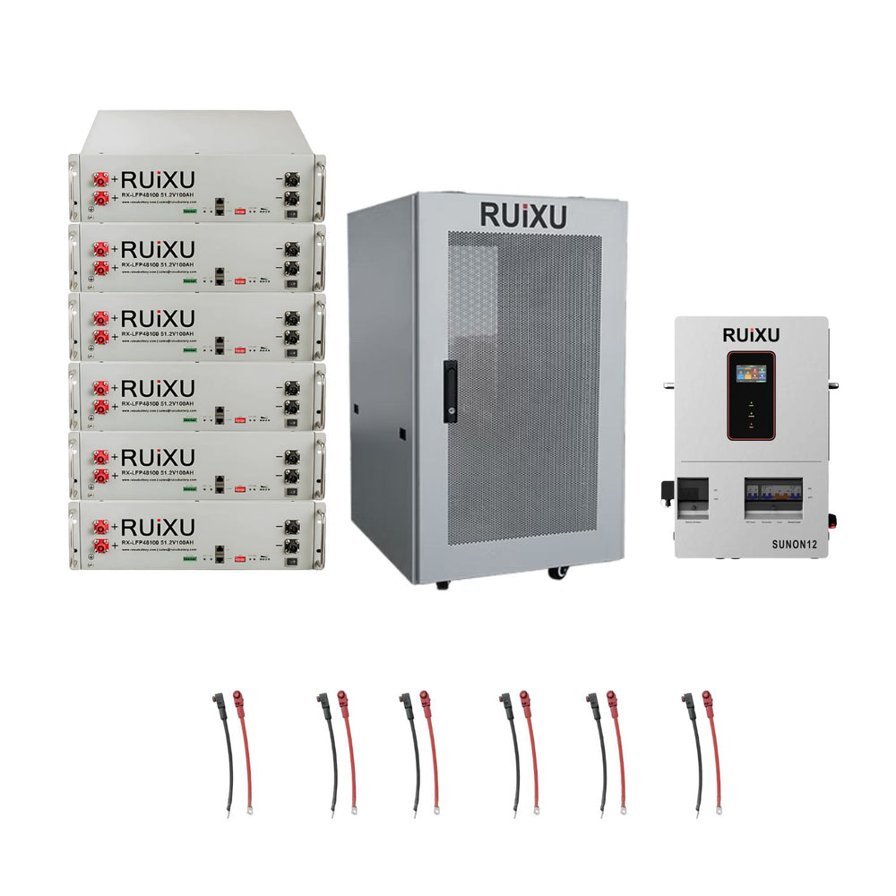 RUIXU SUNON12 Inverter with six RX-LFP48100 51.2V Server Rack Batteries, 6 S30 Cables and One RUiXU 6-Slot Cabinet