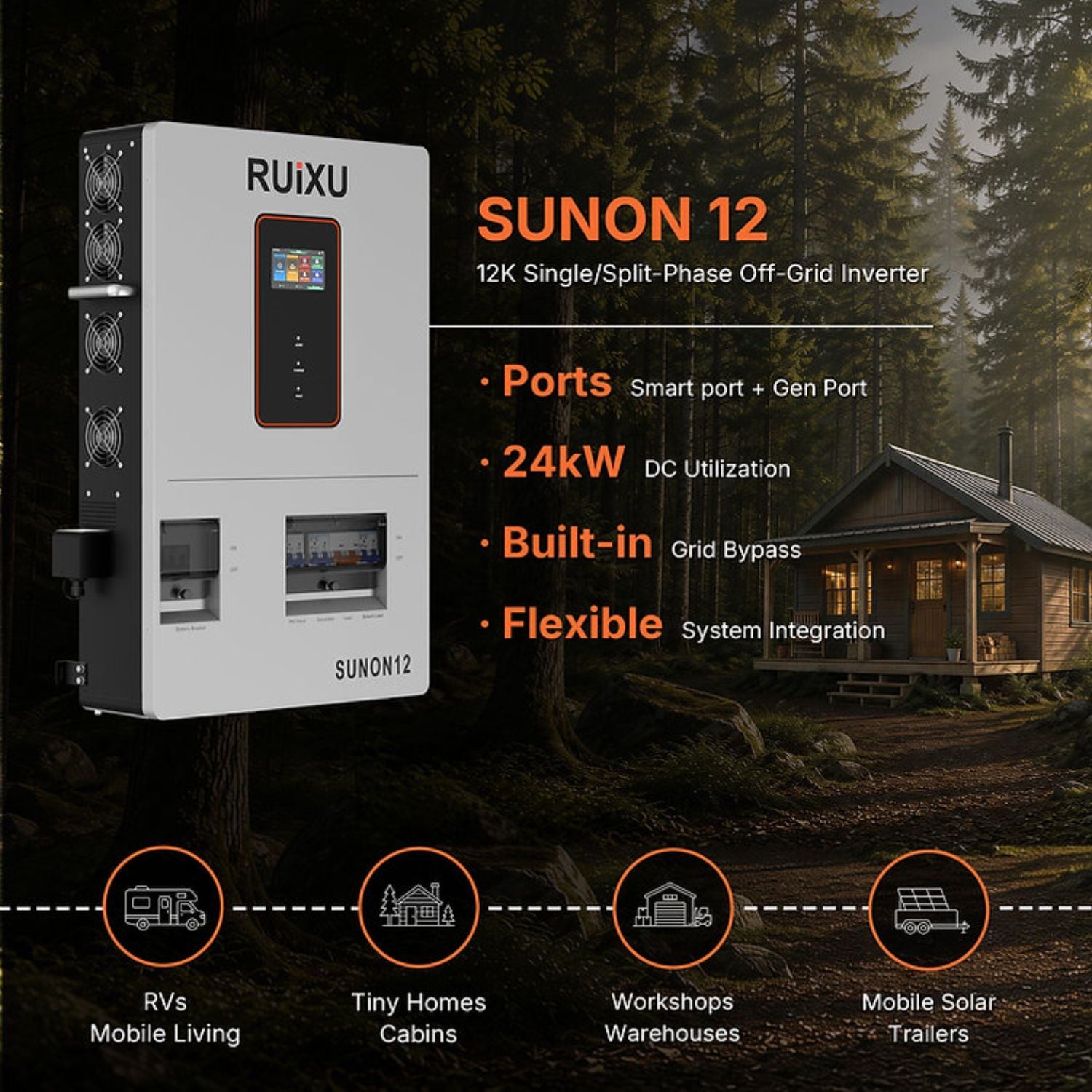 RUiXU SUNON12 12kW Single/Split-Phase Off-Grid Inverter features 