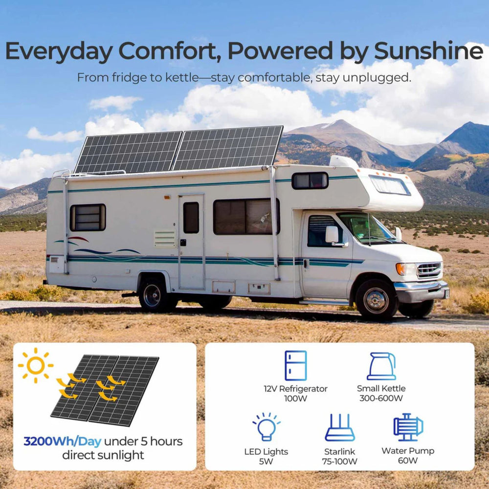 RV with Renogy 320W N-Type Monocrystalline Solar Panel on a desert landscape with mountains in the background