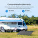 RV with Renogy Solar Suitcase N-Type 300W Lightweight Portable Solar Panel on grassy area, warranty information displayed