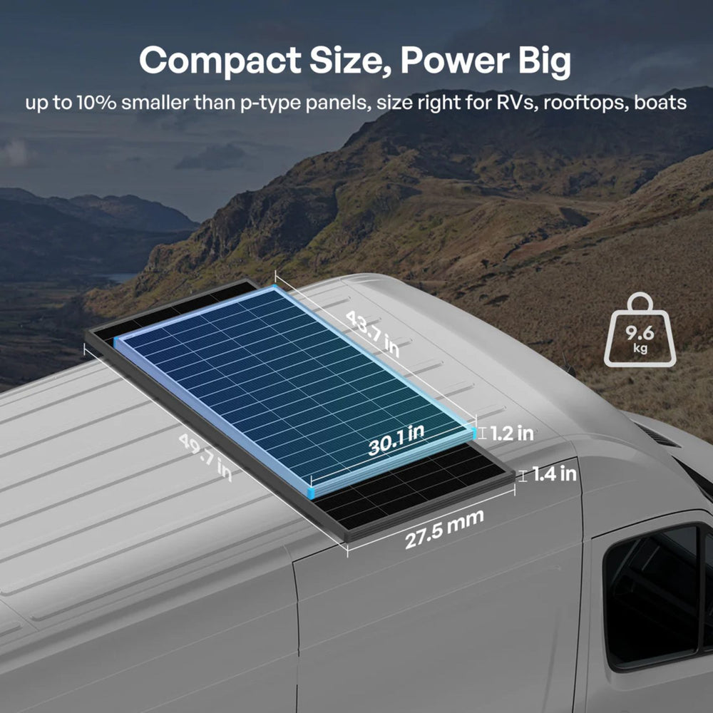 Renogy 200W / 120W  Solar panel on a vehicle roof with mountainous landscape in the background