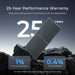 Renogy Bifacial 590W N-Type Monocrystalline Solar Panel on rocks with 25-year performance warranty text and degradation rates.
