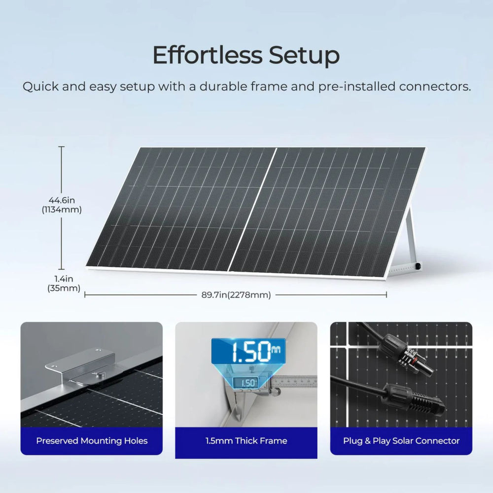 Renogy Bifacial 590W N-Type Monocrystalline Solar Panel with setup details on a light blue background
