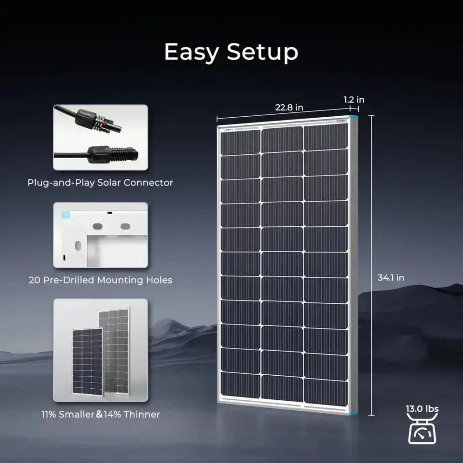 Renogy Complete RV Solar Kit 400W 12V with measurements and setup instructions on a dark background