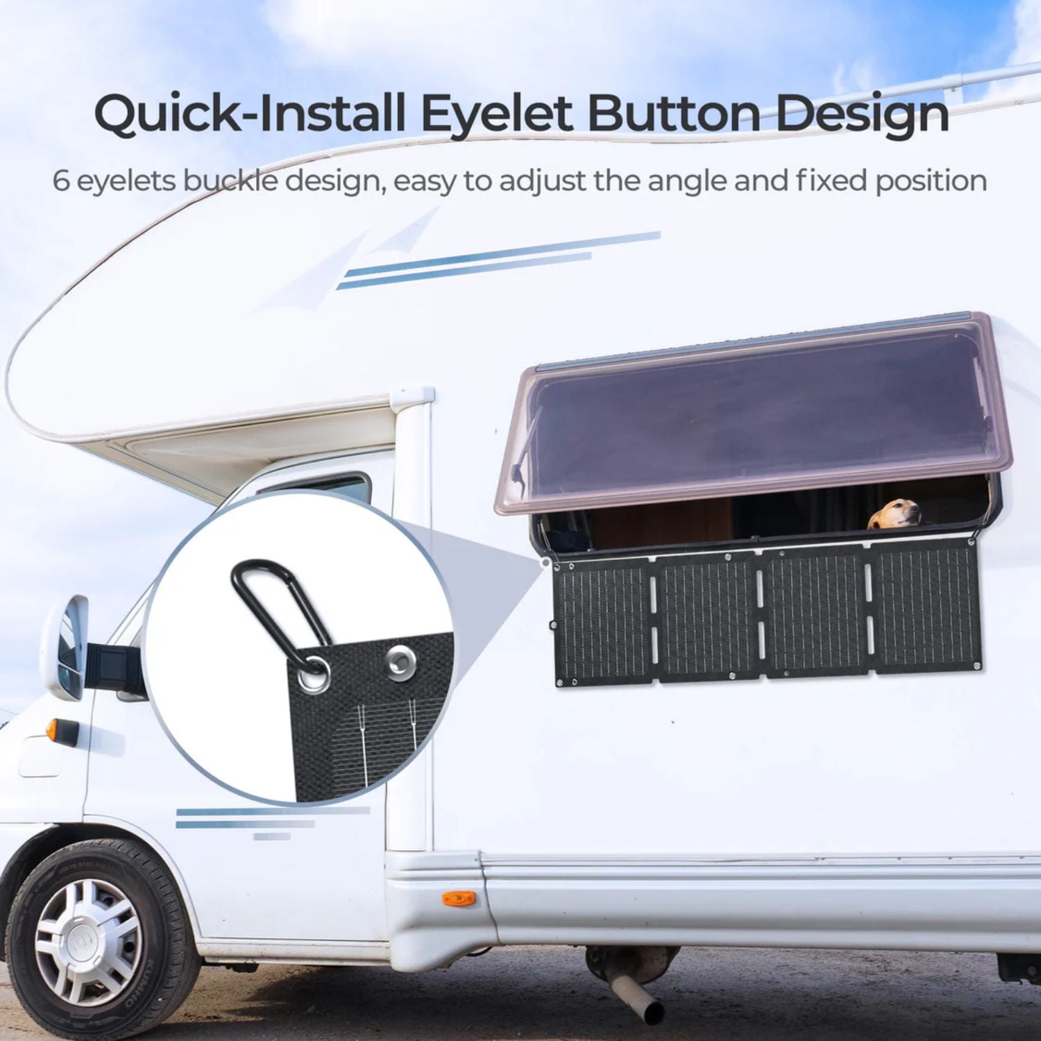 Renogy E.FLEX-SE 30W PRO Portable Solar Panel on a vehicle with quick-install eyelet button design feature.