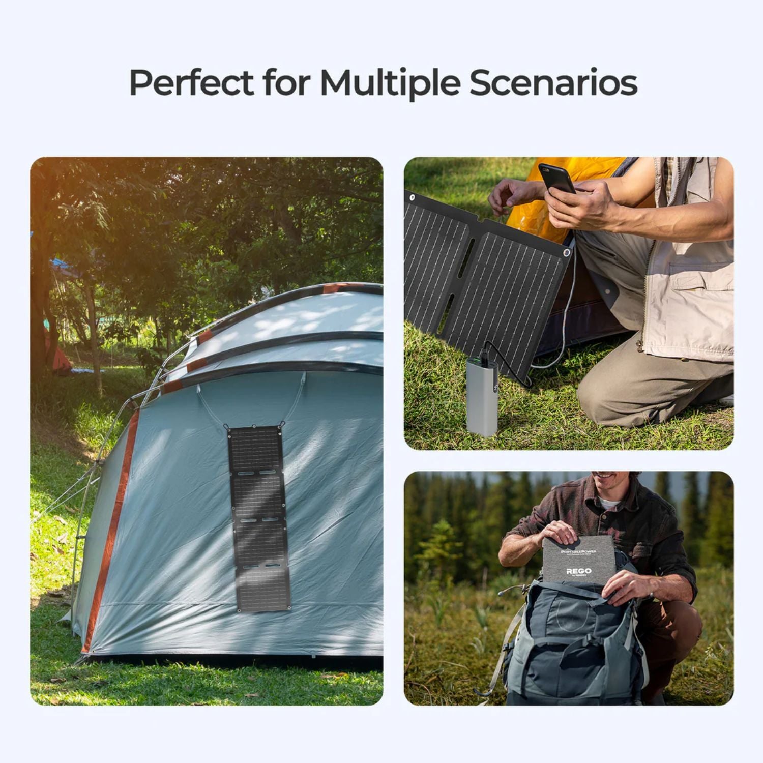 Renogy E.FLEX-SE 30W PRO Portable Solar Panel used on a tent, charging device, and being packed into a bag with text 'Perfect for Multiple Scenarios'.