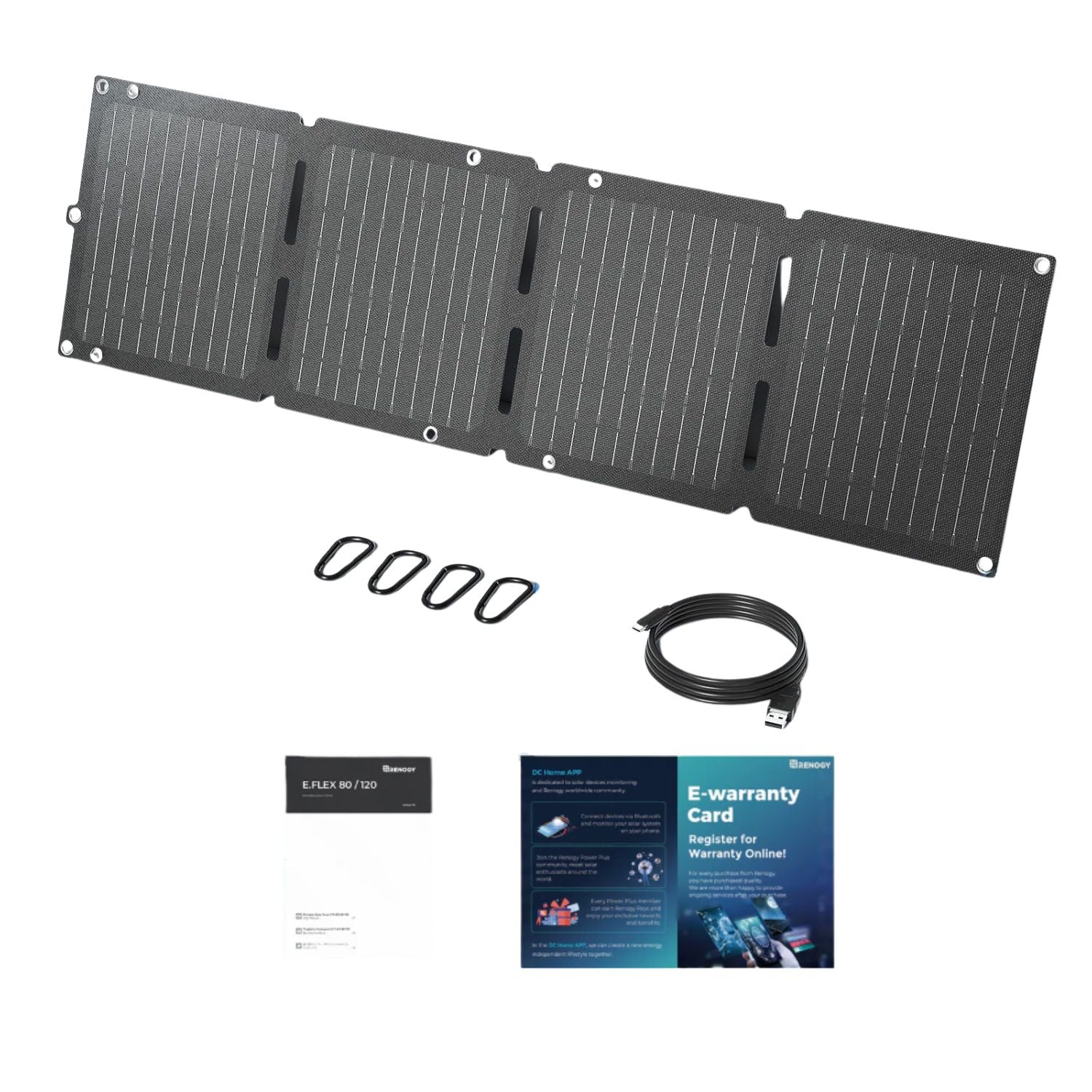 Renogy E.FLEX-SE 30W PRO Portable Solar Panel with a cable, Carabiners, manual, and warranty card
