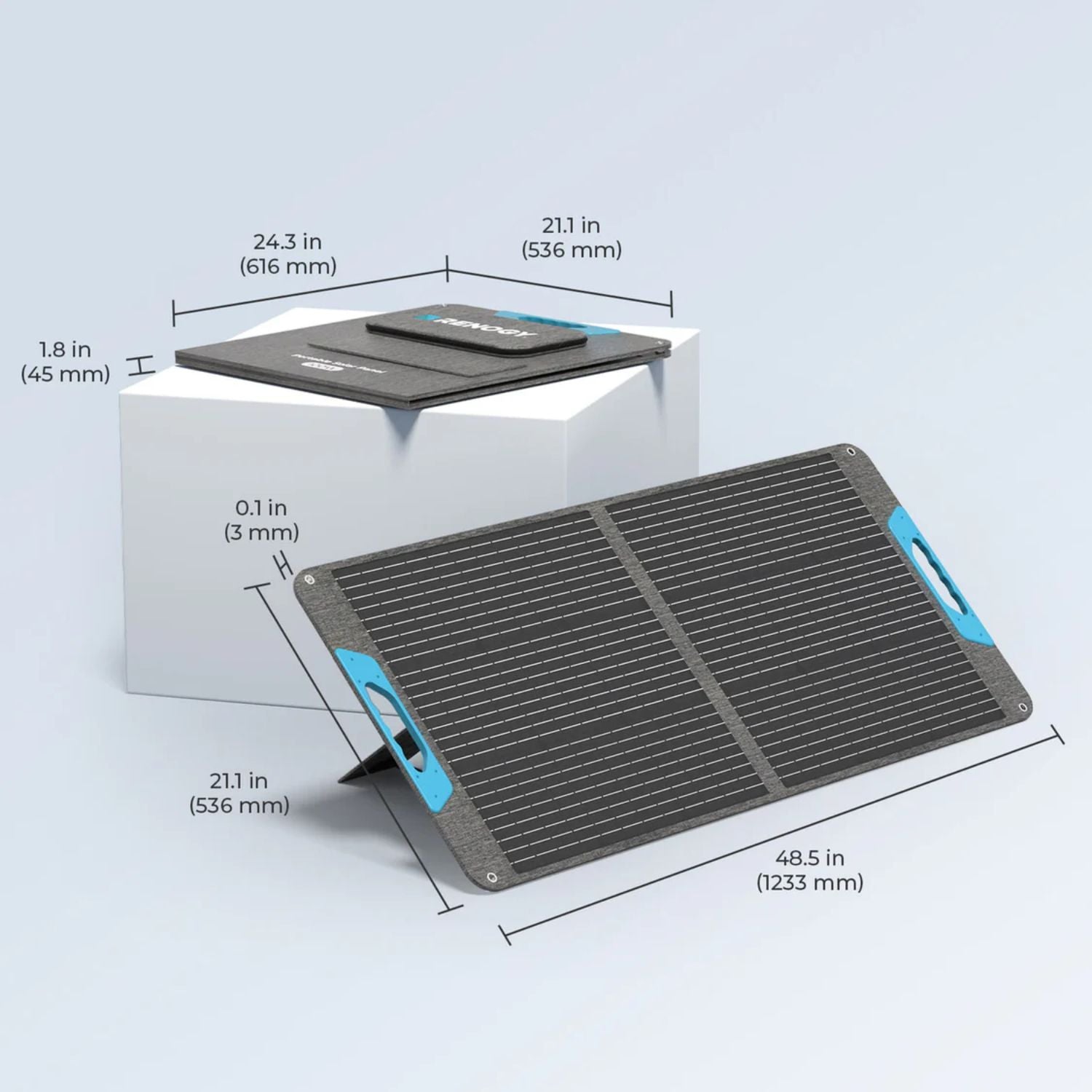 Renogy E.FLEX 100W Portable Solar Panel with dimensions labeled on a light gray background