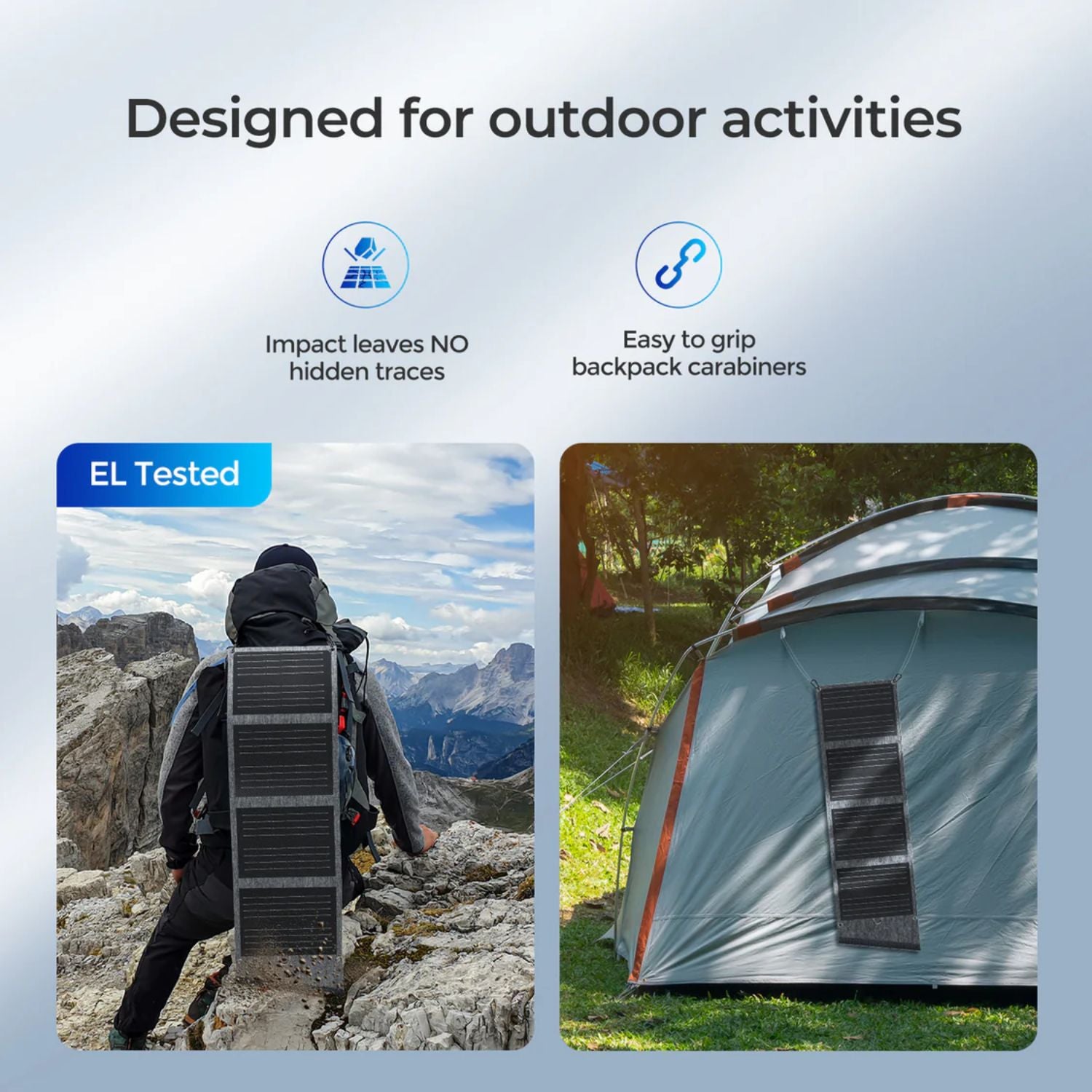 Renogy E.FLEX 200W Portable Solar Panel for outdoor activities with images of a person hiking and a tent with solar panels.
