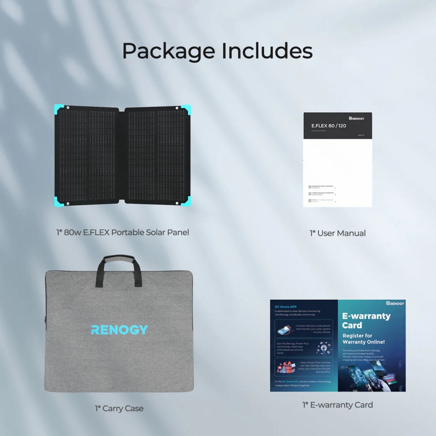Renogy E.FLEX 80W Portable Solar Panel package with solar panel, user manual, carry case, and e-warranty card on a light gray background.