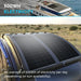 Renogy Flexible 100W Solar panel on a vehicle with text about electricity production, set against a scenic background.