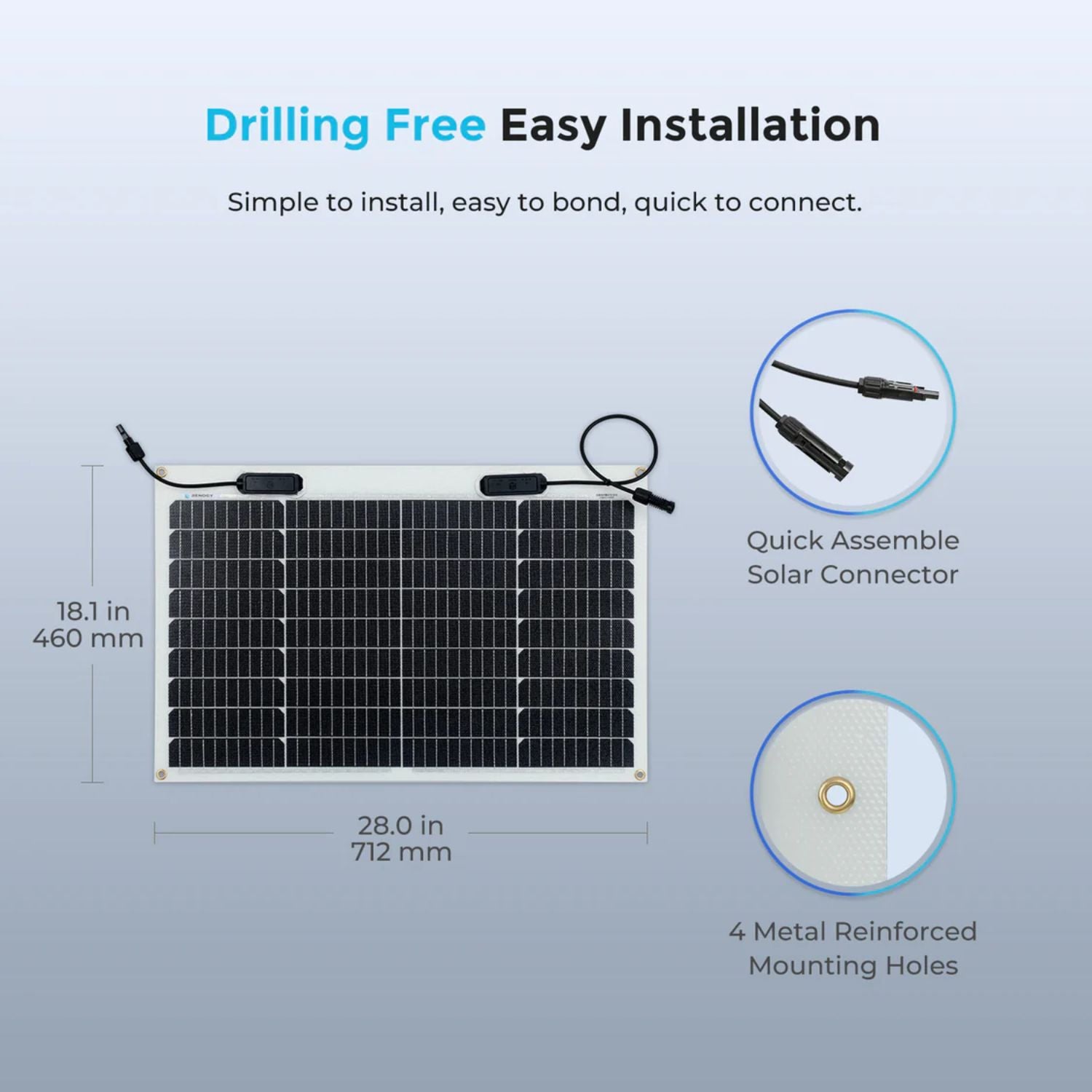 Renogy Flexible 50W Solar Panel with installation features on a light blue background