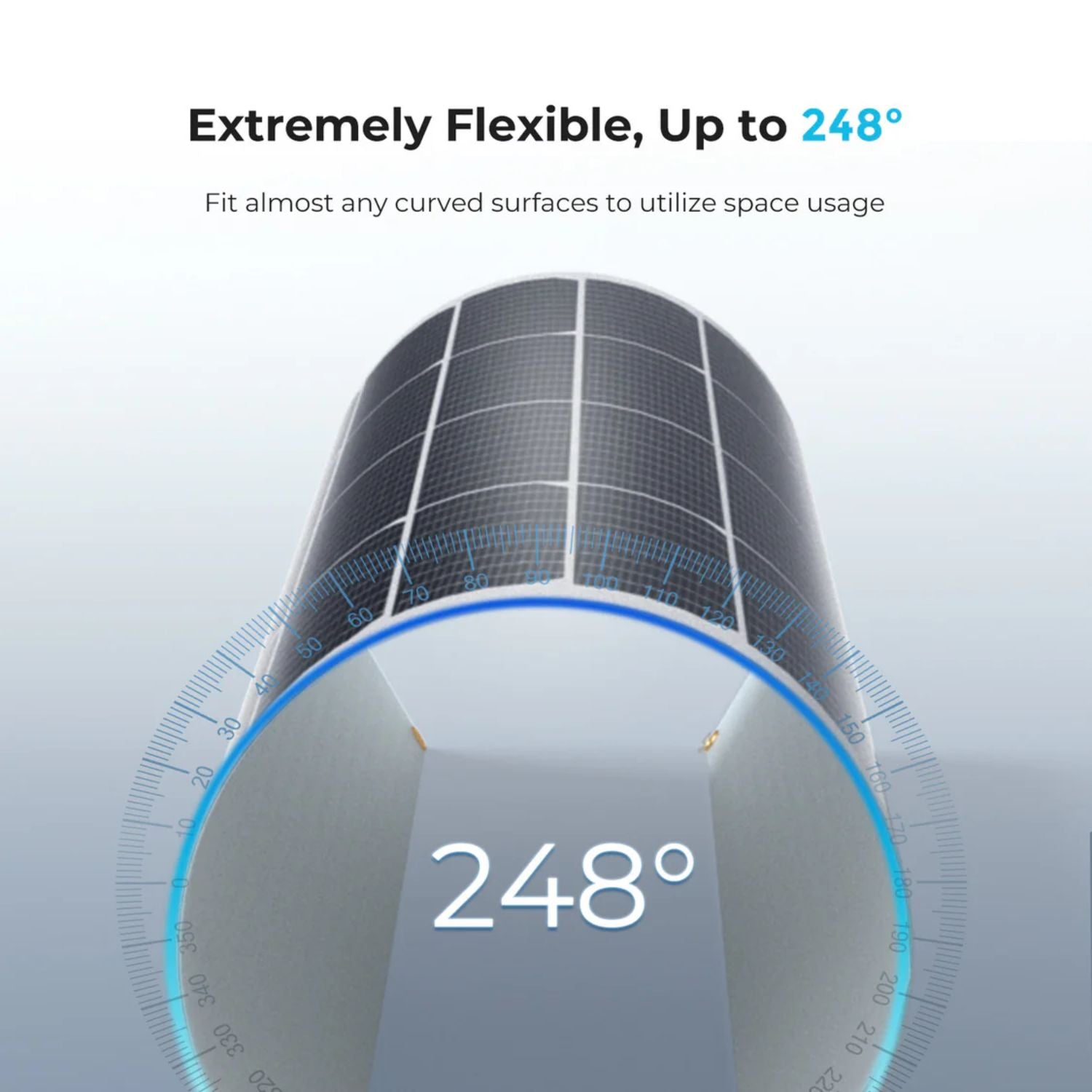 Renogy Flexible 50W Solar Panel with text indicating its flexibility and angle range on a light gray background