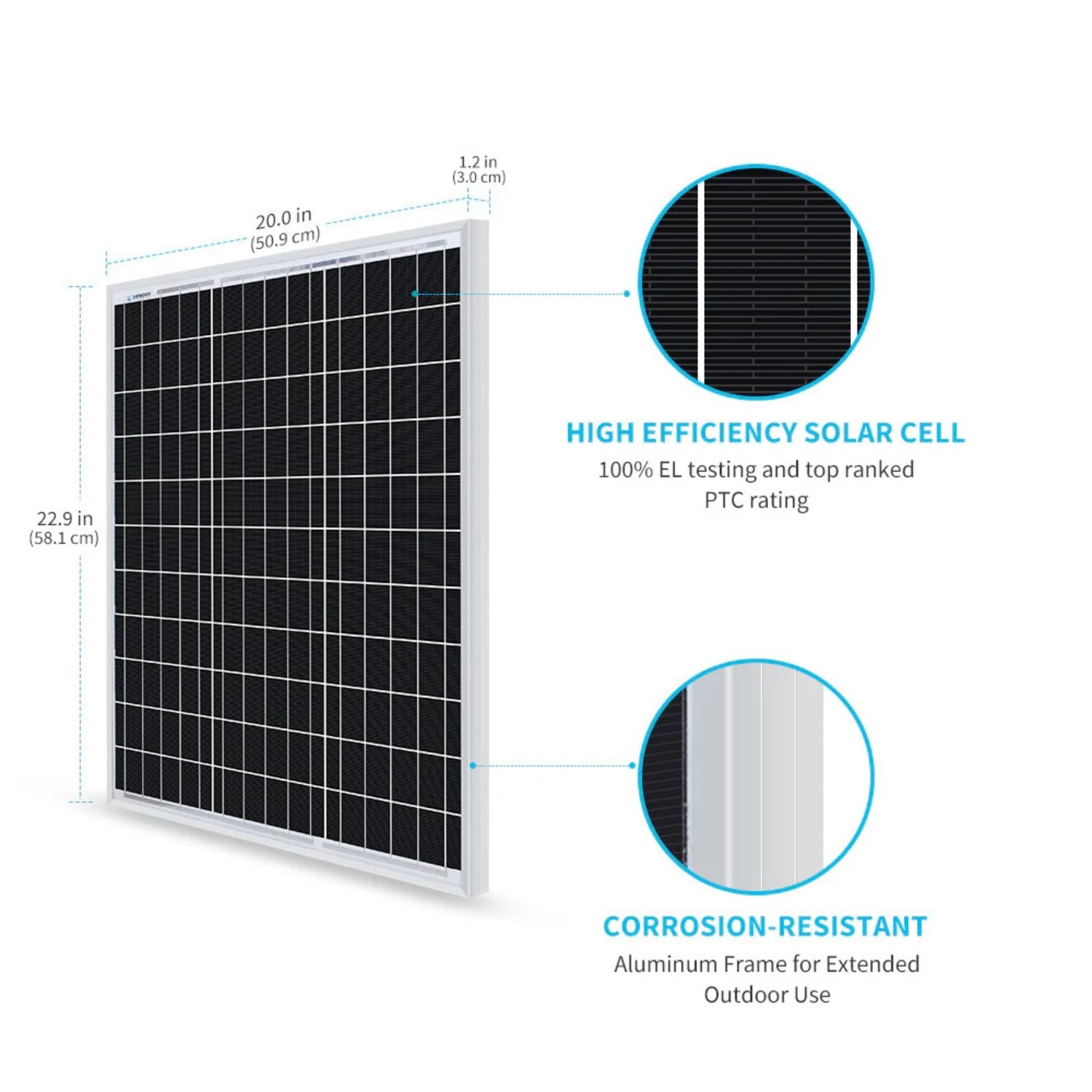 Renogy Monocrystalline 50W 12V Solar Panel with dimensions and features highlighted on a white background
