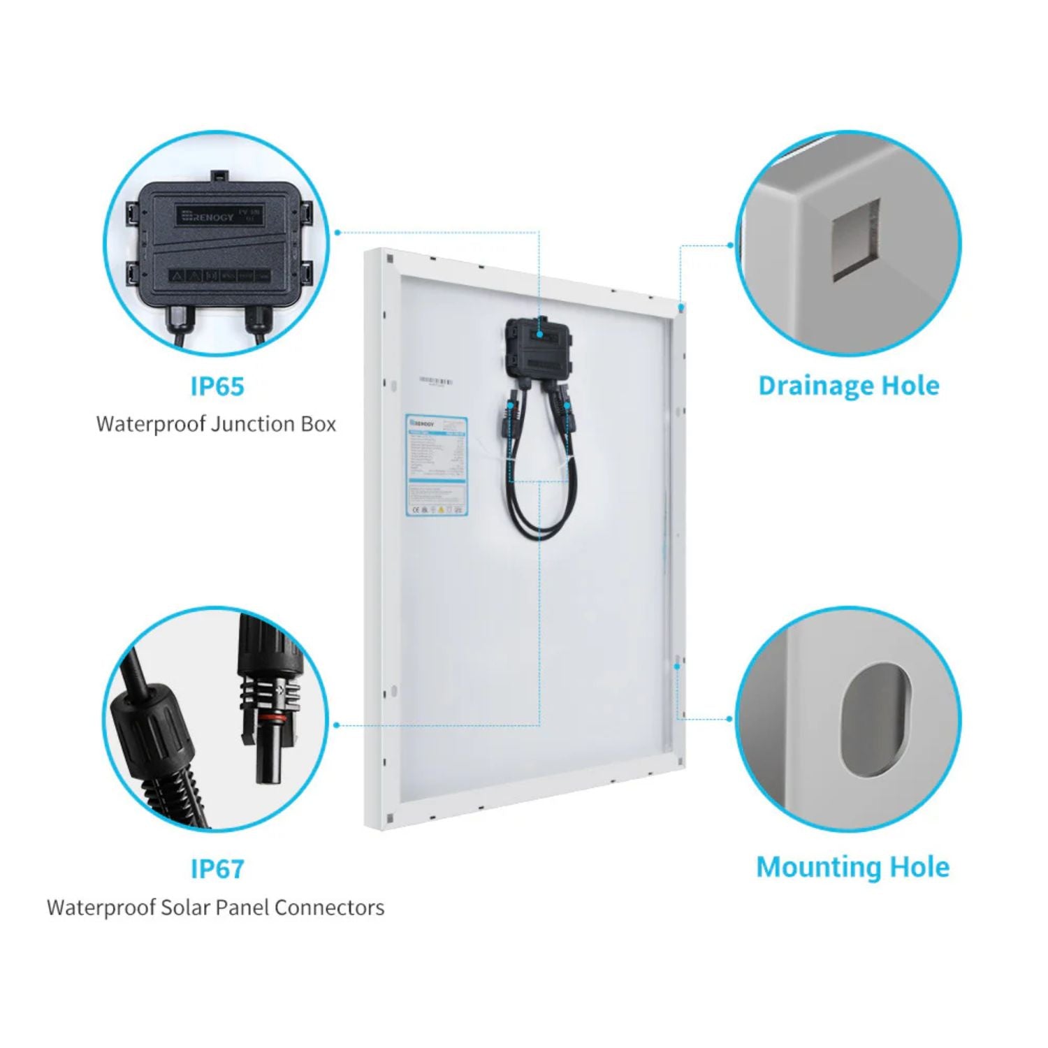Renogy Monocrystalline 50W 12V Solar Panel with labeled components on a white background