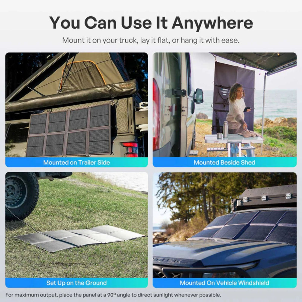 Renogy Solar Blanket 400W 200W Portable Solar Panel with various mounting options on a vehicle, trailer, and ground.