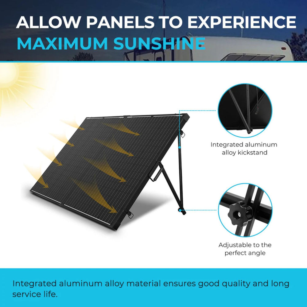 Renogy Solar Suitcase 200W Solar panel with integrated kickstand and adjustable feature, highlighting its design and functionality.