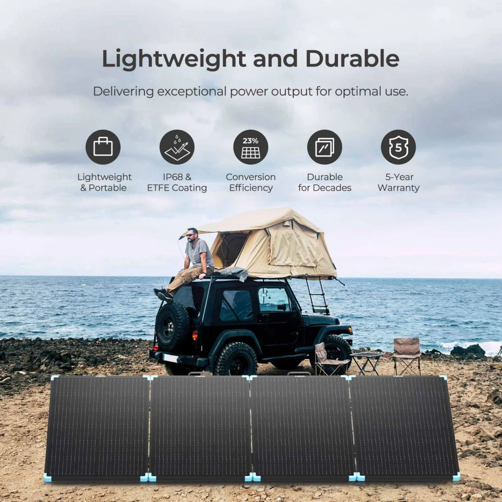 Renogy Solar Suitcase 220W Lightweight Portable Solar Panel with a car and a person sitting above the car 
