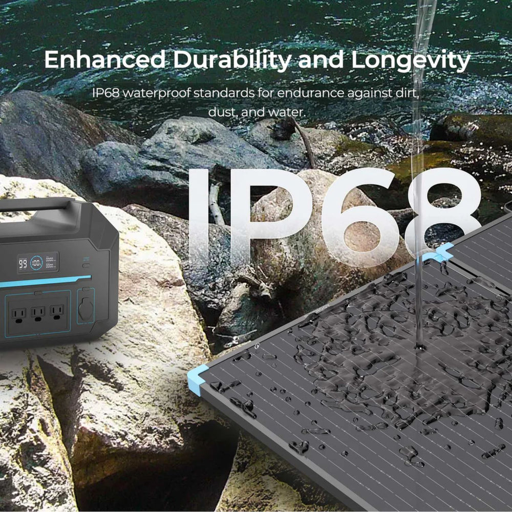 Renogy Solar Suitcase 220W Portable Solar Panel powering a station on river rocks