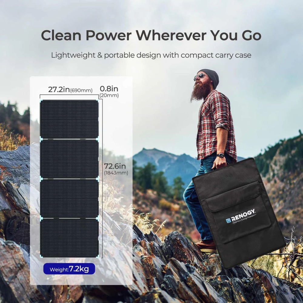 Renogy Solar Suitcase 220W portable solar panel with carrying case on a mountain background, featuring text about power and portability.