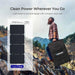 Renogy Solar Suitcase 220W portable solar panel with carrying case on a mountain background, featuring text about power and portability.