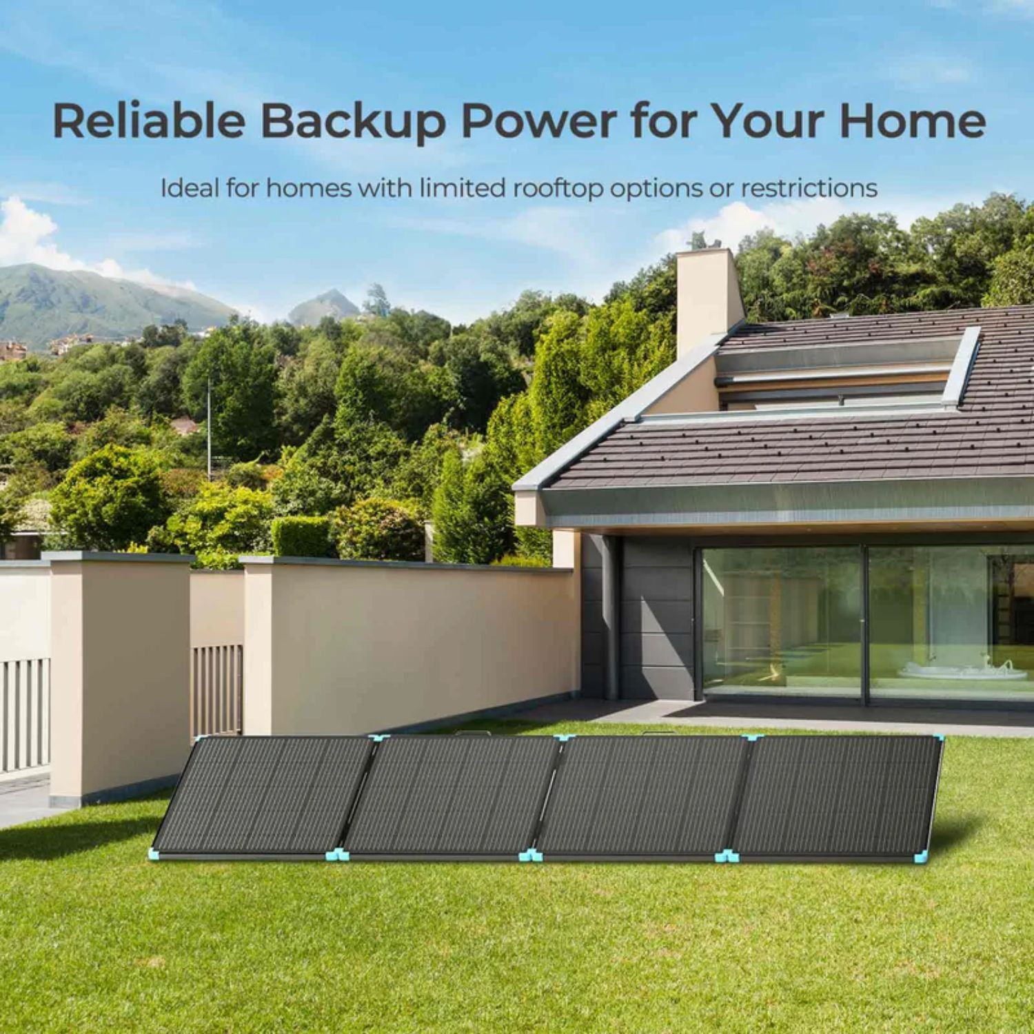 Renogy Solar Suitcase 400W Lightweight Portable Solar Panel  on grass in front of a house with scenic background